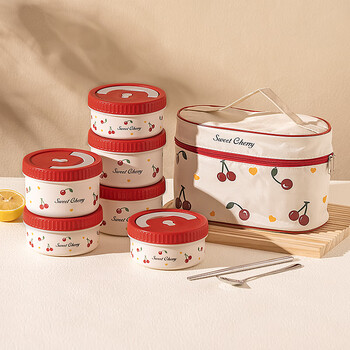 Modern housewife 316 stainless steel insulated lunch box for primary school students microwave heated lunch box for office workers and children, 4 pack + cherry insulated bag + tableware