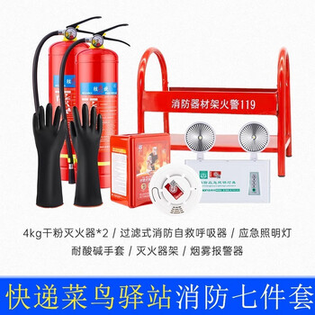 Fire equipment set cainiao station franchise fire extinguisher smoke detector emergency light gloves home fire protection shop inspection seven-piece set (4kg fire extinguisher)