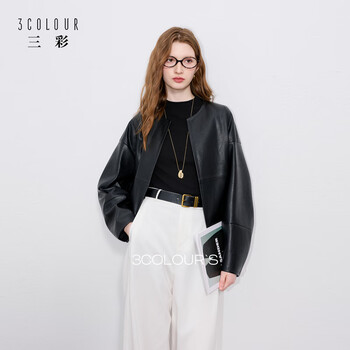 Sancai 2025 autumn new leather pu jacket litchi pattern round neck loose minimalist old money s classic black l 165/88a