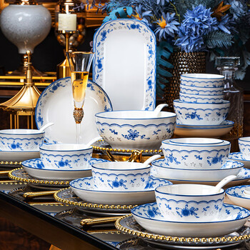 Red peony jingdezhen bone china bowl set household ceramic tableware complete set high temperature underglaze color bowls and plates tableware dishes housewarming orchid butterfly flower underglaze color 56 head gift box