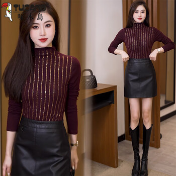 Woodpecker (tucano) angora red top, double-sided german velvet thickened warm half turtleneck bottoming shirt for women, dark purple, 3xl, recommended 130-140 pounds