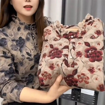 Suqinren all-in-one velvet bottoming shirt for women in autumn and winter, western-style mommy outfit, plus velvet and thickened warm top, red rose 3xl, recommended 100-115 catties