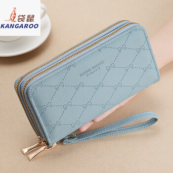 Kangaroo long coin purse women's 2025 new large capacity fashion mom wallet double layer clutch wallet mobile phone bag blue