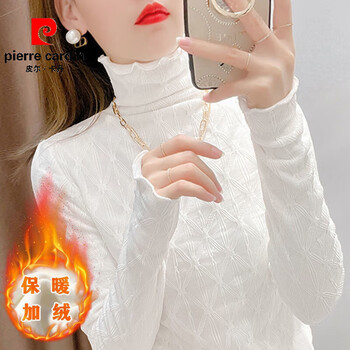 Pierre cardin turtleneck lace bottoming shirt for women 2026 early autumn new autumn and winter matching sweater with foreign style gauze mesh top white plus velvet 2xl