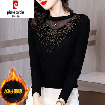 Pierre cardin middle-aged lace trim mesh long-sleeved bottoming shirt for women spring and autumn hot diamond top black velvet inner top black stand-up collar velvet m 85-100 pounds