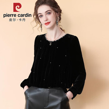 Pierre cardin high-end gold velvet top for women 2025 spring new style small fragrant french beaded shirt foreign style long-sleeved bottoming shirt black l recommended 105-115 pounds