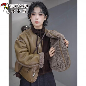 Woodpecker high-end lamb wool reversible fur one-piece round neck jacket for women 2025 winter thickened motorcycle jacket loose jacket green brown original s 85-105 catties