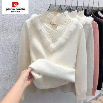 Pierre cardin thickened velvet sweater for women in autumn and winter half turtleneck one-piece velvet bottoming shirt with new lace inside off-white one-piece velvet plus velvet french unique and unique thickened s 80-100 pounds