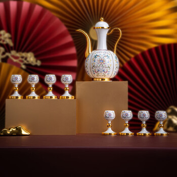 Longzhu pavilion jingdezhen ceramic enamel color painted gold wine set wine glass jug white wine household high-end wine divider as a gift for the elders baoxiang yuncai wine set-10 pieces | gift box