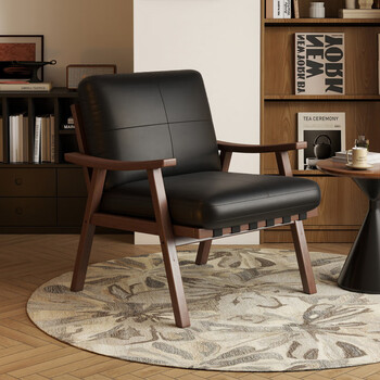 Retro single chair solid wood leather sofa chair living room balcony antique style leisure single sofa study back chair wear-resistant cat scratch leather classic black walnut color wooden frame