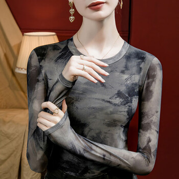 Yalu long-sleeved t-shirt for women, autumn and winter retro inner tie-dyed mesh slim round neck bottoming shirt, slim and versatile top, earth gray 3xl