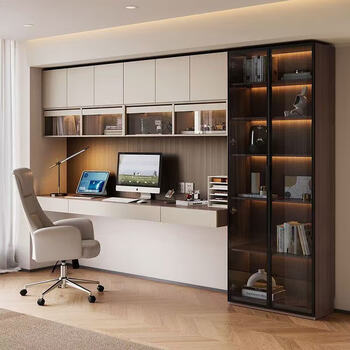Desk and bookcase integrated computer desk and bookshelf combination cabinet glass door display cabinet bedroom study whole wall storage cabinet floating desk + support customization desk + top cabinet