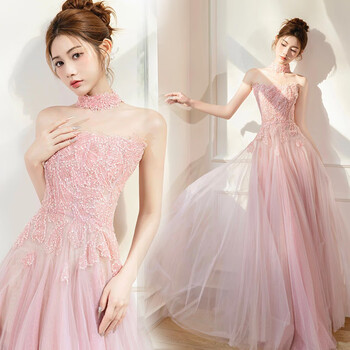 Seasonal pink wedding dress sweet fairy engagement birthday bridesmaid bride evening dress toast dressing gown 2025 new 20116q pink gift s -