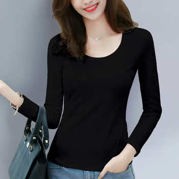 Modal spring and autumn long-sleeved women's t-shirt u-neck slim solid color thin tops bottoming shirts women's new style black xl suitable for 100-120 pounds
