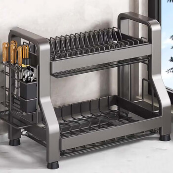 He jiagong kitchen rack dish plate storage rack drain rack household multi-functional dish rack dishware storage box cupboard a classic double layer black 44cm