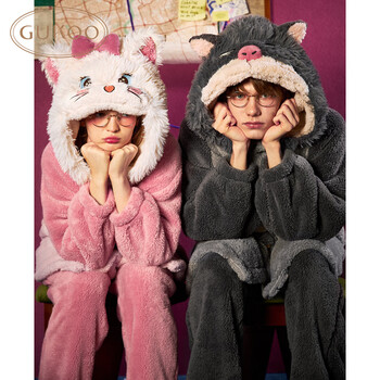 Gukoo couple pajamas autumn and winter mary cat coral velvet men's home clothes winter pajamas women's winter suit sky gray xl