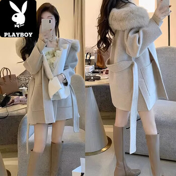 Playboy (playboy) cashmere double-sided woolen korean style short coat autumn and winter women's small temperament waisted woolen coat oatmeal color s