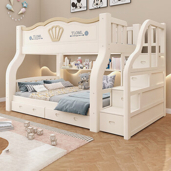 Solid wood bunk bed, children's furniture, double bunk bed, adult heightened and thickened double bunk bed, painted wardrobe bed + bookshelf + drawer + mattress, upper bunk width 130, bottom bunk width 150
