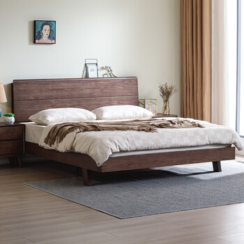 Jasmine purple sauce nordic modern simple black walnut 1.5mx2m pure solid wood large bed small apartment master bedroom 1m8 double bed black walnut bed 1800*2000 black walnut full bed board