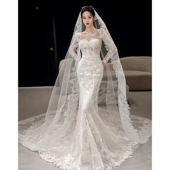 Wei lianmenglan fishtail light wedding dress bride 2025 new french long-sleeved lace high-end niche outing veil welcome slim dress white s size is too small