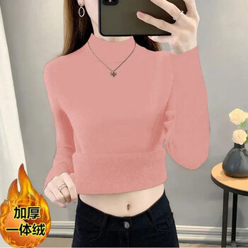 Xuyiren's new all-in-one velvet plus velvet thickening bottoming shirt for women in autumn and winter, slim and versatile half-high collar warm top, pink m, recommended 80-100 pounds