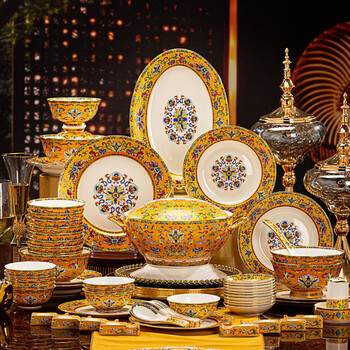 Jingniang jingdezhen high-end enamel tableware and dishes set for home new chinese style bowls and bowls, chopsticks and plates as housewarming gift, national color and fragrant square plate with color box, 40-piece set