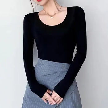 Women's slim solid color long-sleeved t-shirt pure lust style large round neck t-shirt sexy bottoming shirt versatile slimming inner wear black round neck 3xl