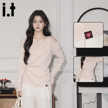 Chocoolateit solid color simple fake two-piece knitted long-sleeved t-shirt for women autumn new off-shoulder design top pink one size