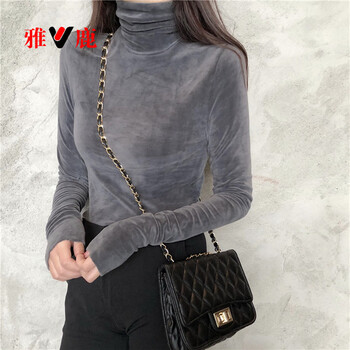 Yalu gold velvet bottoming shirt for women in spring, autumn and winter new style plus velvet thickened long-sleeved t-shirt with warm inner layer and high collar top, dark gray l