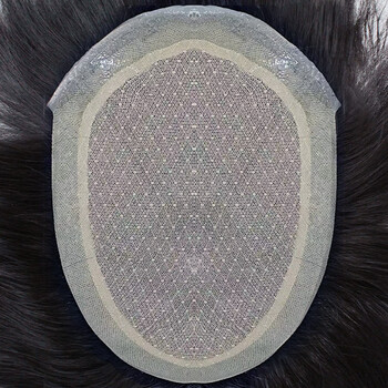 Fiber men's wig real hair replacement piece, double hand-knitted forehead invisible hairline, suitable for mediterranean baldness, boutique style + ultra-thin hairline needle, black 14*19