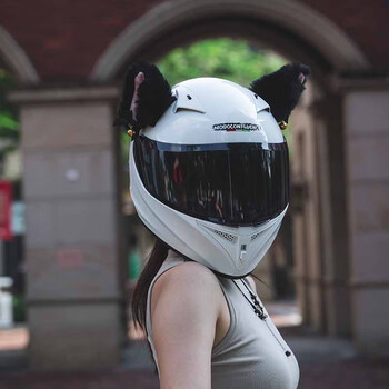 Modoconfluence 3c certified motorcycle helmet for women, cute bow cat ears couple helmet, retro motorcycle autumn and winter full helmet for men, advanced porcelain white + black ears - tea piece m