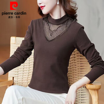 Pierre cardin double-sided stretch german velvet half turtleneck bottoming shirt 2025 autumn and winter fashionable foreign style hollow lace versatile warm top brown (double-sided german velvet) m 85-100