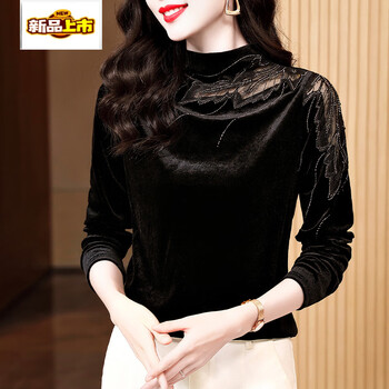 Chujing 2025 new fashion half turtle collar gold velvet bottoming shirt women's autumn clothes versatile slim long sleeve t-shirt fashionable black 2xl 120-130 jin