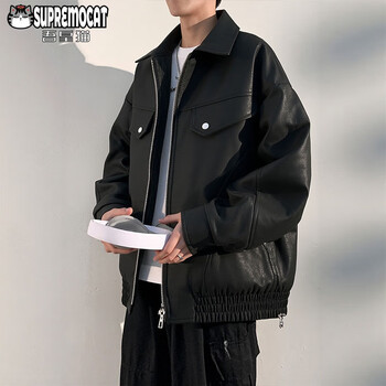 My emperor cat unisex silhouette jacket men's autumn american jacket velvet feel leather coat loose casual lapel wj12 black l