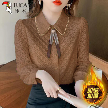 Woodpecker velvet thickened lace shirt for women autumn and winter new style fashionable brushed bottoming shirt temperament shirt slimming top caramel color (full body plus velvet) thick section 3xl 135-150 pounds