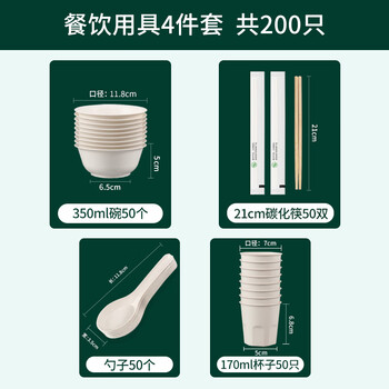 Jingtao fatdonglai quality fatlai rice husk disposable tableware bowls and chopsticks set spoon cup recyclable food purchasing 4 pieces 350ml bowl + 170 cup + spoon + chopsticks 50