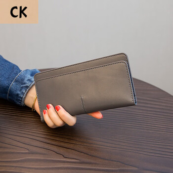 Chling kayan small ck women's bag european and american simple long wallet women's genuine leather 2024 new temperament buckle card slot soft cowhide money gray upgraded version to send 12-bit card holder