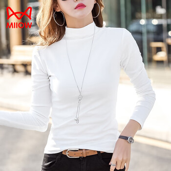 Miiow pure cotton slim half turtle collar bottoming shirt women's long sleeve t-shirt middle collar stretchy style inner slimming 2025 spring and autumn white s 80-95 jin