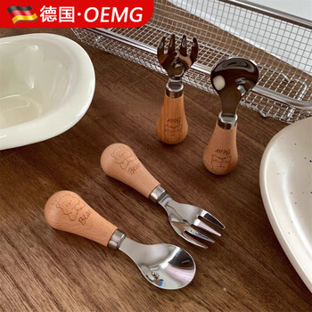 Oemg german bear wooden handle can stand creative fork spoon portable tableware children's spoon fork cute baby rice spoon bear spoon