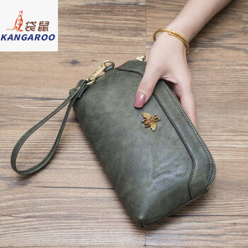 Kangaroo 2025 new european and american long wallet large capacity women's zipper coin purse multifunctional clutch bag women's mobile phone bag dark green
