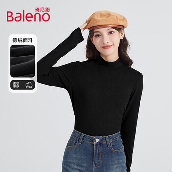 Baleno (baleno) women's bottoming shirt autumn and winter new style inside and outside half turtleneck long-sleeved breathable german thin velvet warm tops for women 9.33 black #solid color thin velvet warm l