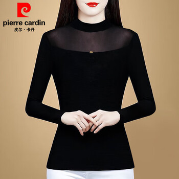 Pierre cardin black half turtleneck mesh bottoming long-sleeved t-shirt 2025 new style inner lace top-like chiffon shirt for women, black (spring and autumn) thin section l 105-120