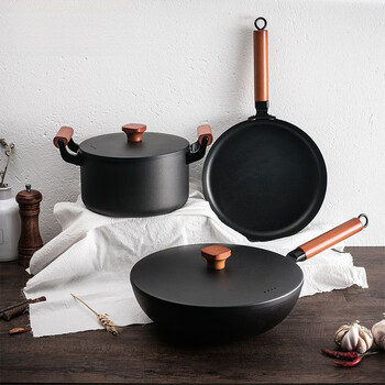 Hua muxi wrought iron pot set combination three-piece household non-stick pan gas stove induction cooker wok set coated three-piece set suitable for 1-4 people
