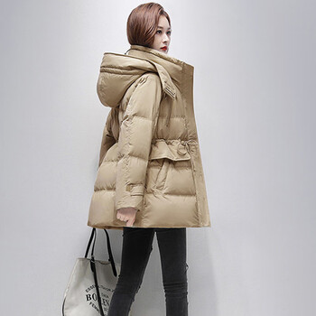 Velcro suit for women, mid-length drawstring waist slimming white duck down thickened warm jacket khaki s 90-120 catties