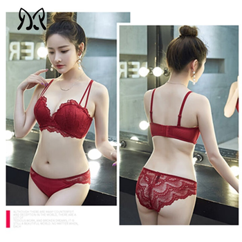 Maolu brand underwear for women, sexy lace push-up, non-wired breast-retracting, anti-sagging bra, bra set, red (bra + panties) 75a = 34a (with the same style of panties)