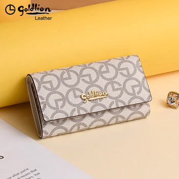 Goldlion key bag women's printed fashion tri-fold long coin purse travel portable clutch bag exquisite mini women's wallet off-white