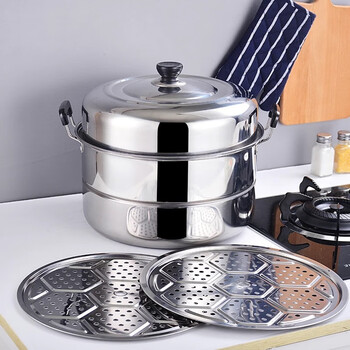 Enshousu thickened steamer double-layer two-layer stainless steel reinforced pot large capacity household induction cooker gas stove old-fashioned three-layer pot extra thick double-layer steamer (for 2-3 people) 28cm