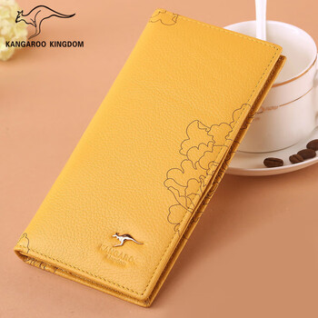 Kangaroo kingdom lucky yellow wallet women's genuine leather long style fashionable first layer cowhide wallet money wallet women's wallet thickened large capacity yellow
