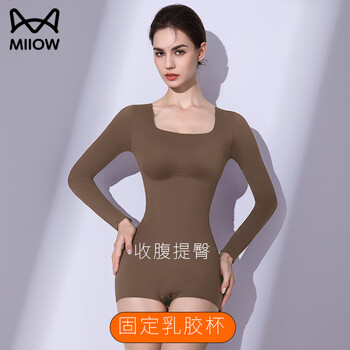 Cat man body shaping one-piece autumn and winter body shaping tummy control long sleeve shaping butt showing tights bra warm bundle caramel coffee m (recommended weight 90-110 catties)