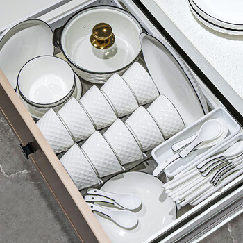 Mornenjoy underglaze color bowl and dish set household 2026 new high-value bowls ceramic bowls, plates, chopsticks and tableware set housewarming diamond pattern black line 4 people food with large soup bowl 24 pieces